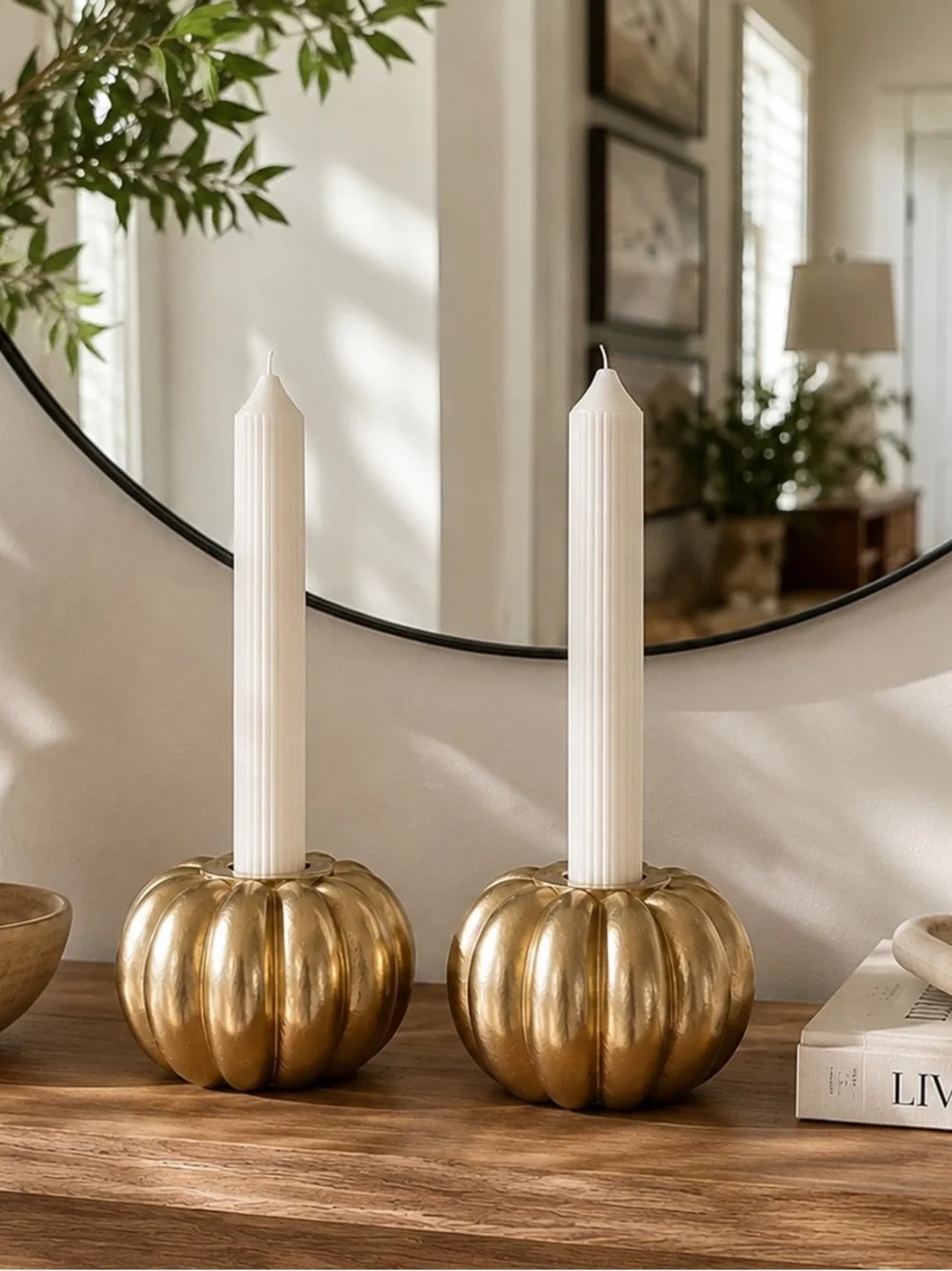 Gold Pumpkin Pillar Candle Holders with Cream Candles - Target Bullseye
